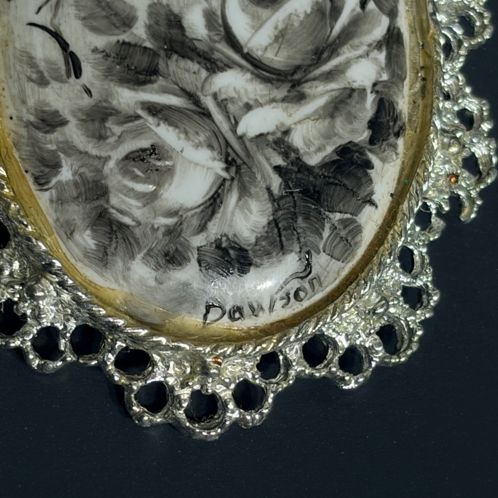 Signed Vtg Hand Painted Porcelain Rose Brooch Pendant Silver Tone Filigree - Picture 14 of 14